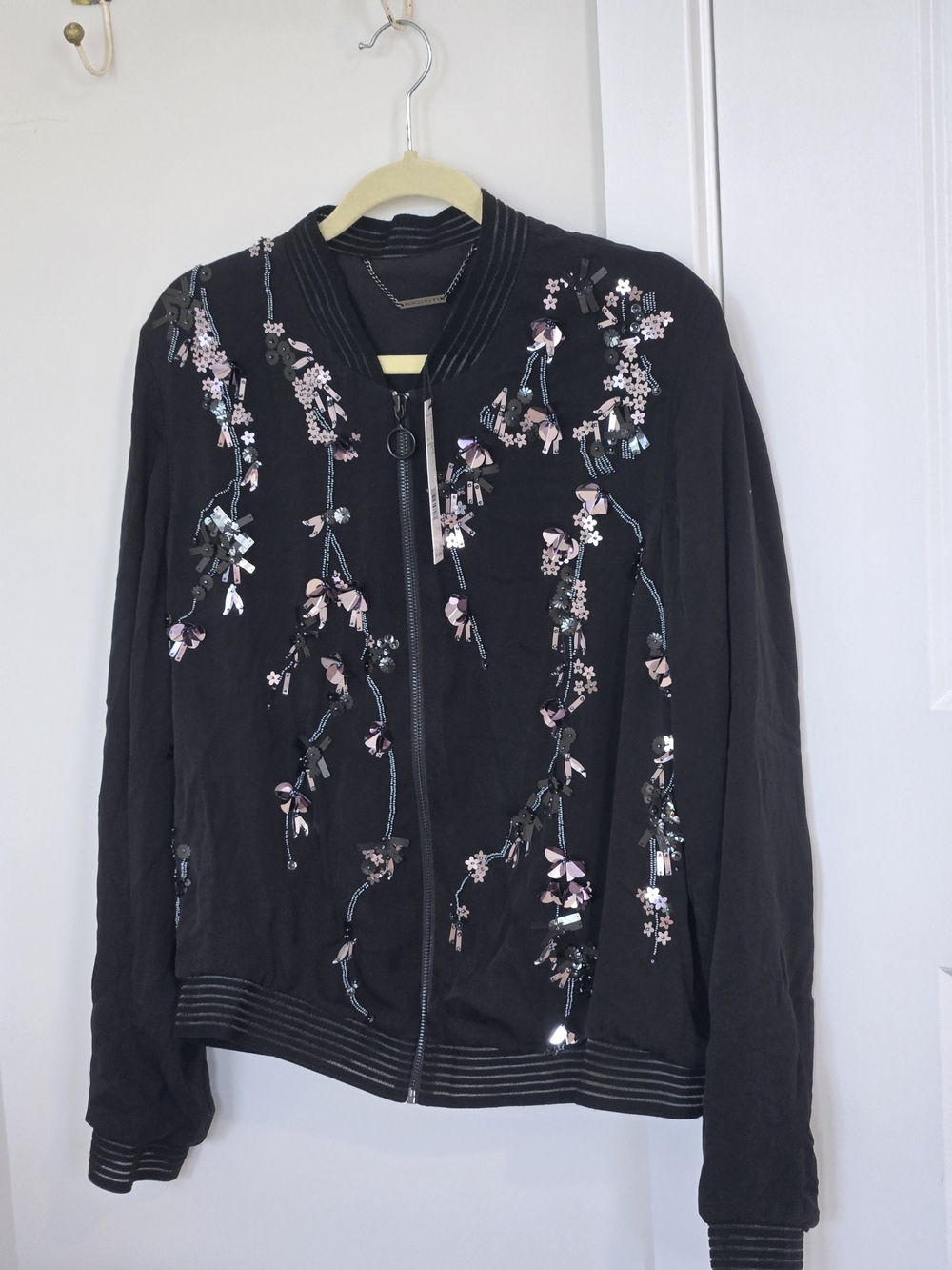 Elie Tahari Silk Black Bomber Jacket with Pink Embellished Floral Accents